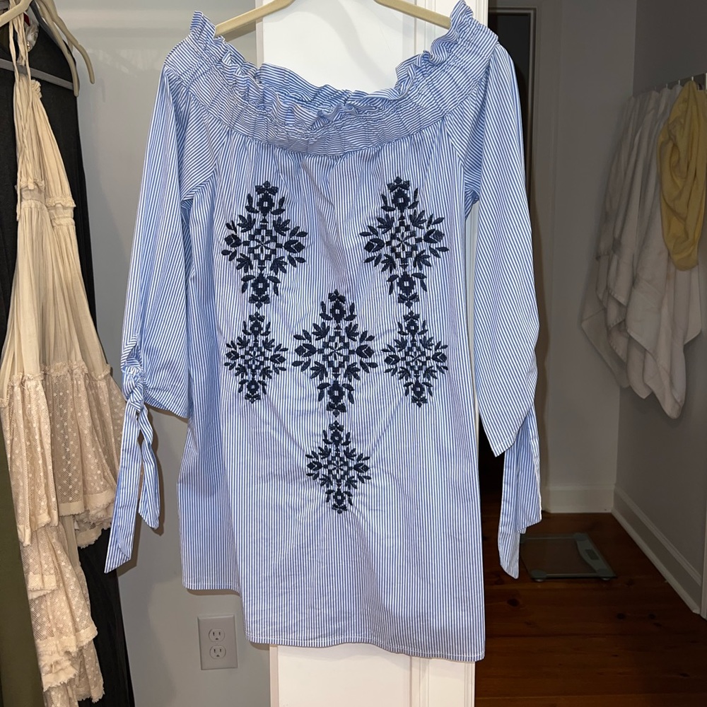 Blue & White Striped Off The Shoulder Dress